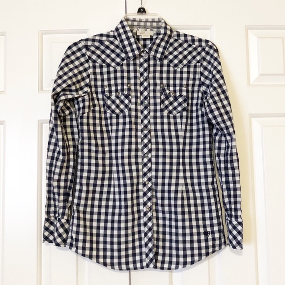 Ariat western style dark blue white checkered fitted long sleeve button fron top - Picture 4 of 16